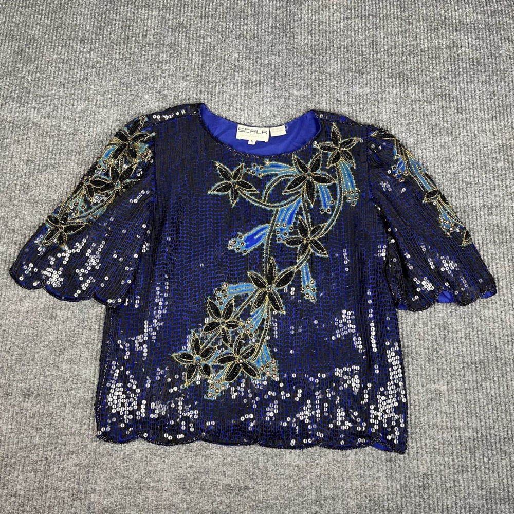 Vtg 80s Scala Blouse Womens S/M Cobalt Silk Sequin Beaded Floral Evening Party